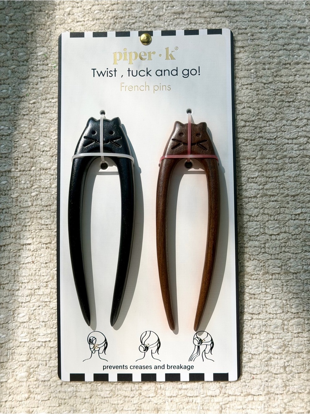 Piper K Wooden Cat French Hair Pins 2pc Brown Black Bun Fork No Damage Updo NWT